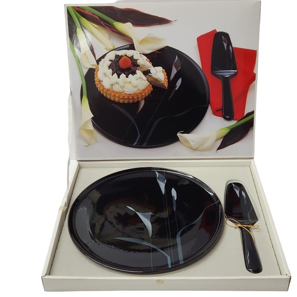 Mikasa Opus Black Cake Plate & Server Calla Lily Design Vintage - Picture 1 of 8